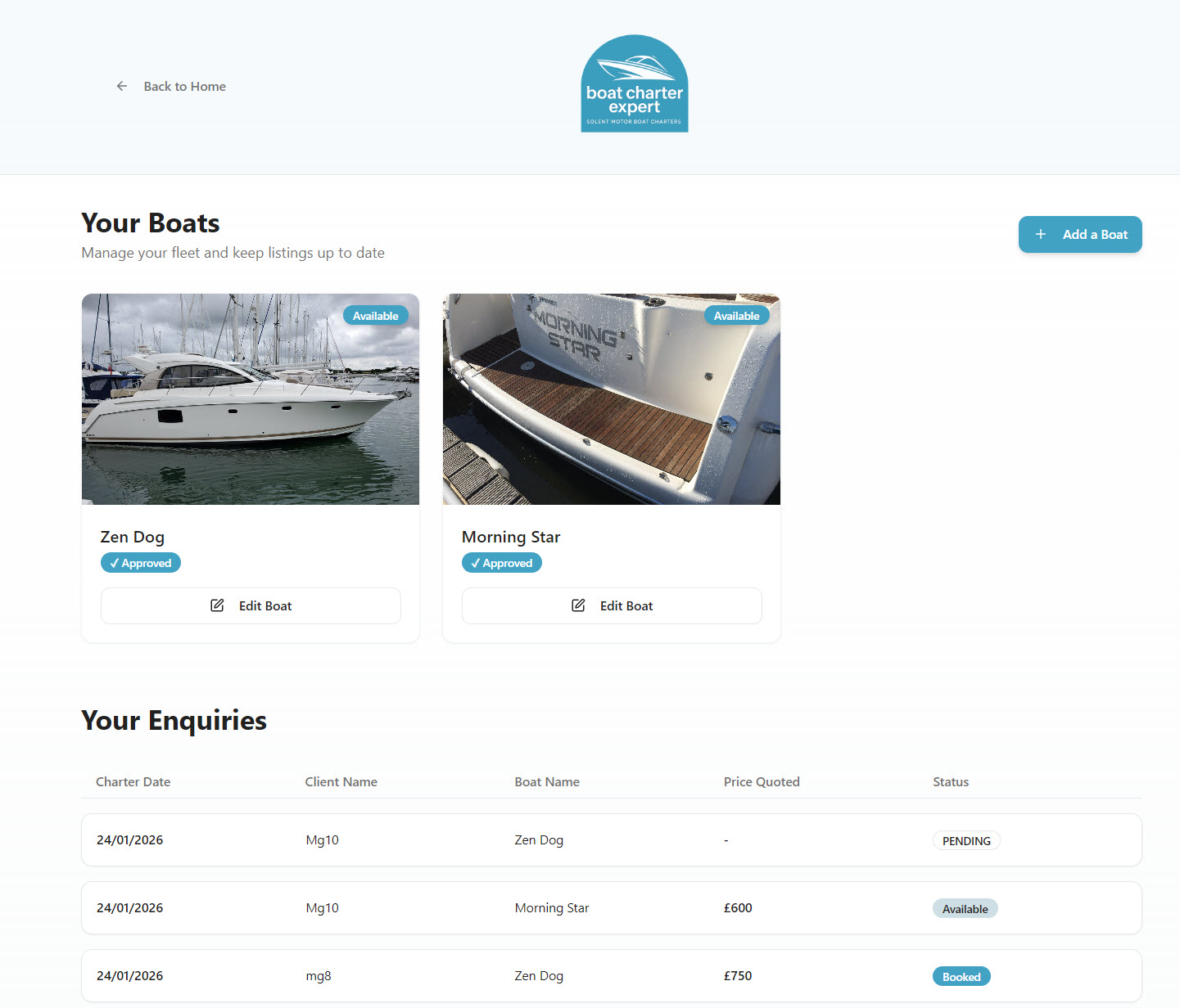 Boat owner dashboard showing boat listings and enquiries management
