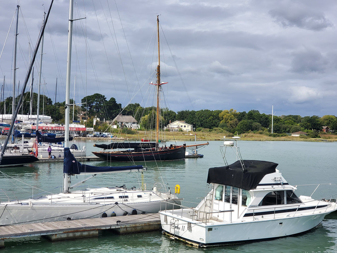 Charter boats and yachts moored on the sheltered River Hamble with marina pontoons and wooded shoreline behind