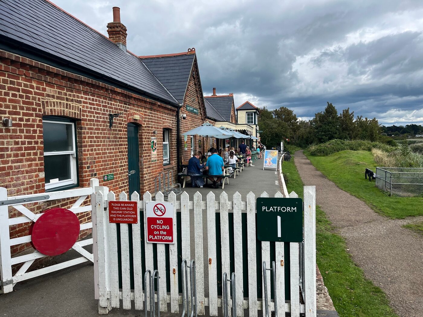Off The Rails cafe in the beautifully preserved old Yarmouth railway station with platform-side seating