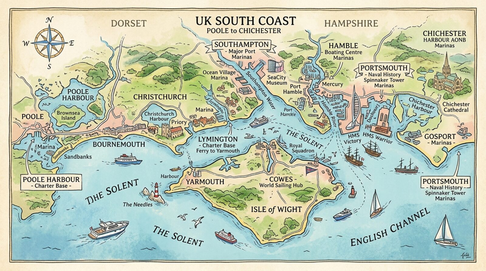 Illustrated map of the UK South Coast from Poole to Chichester showing Solent departure ports — Lymington, Southampton, Hamble, Portsmouth, Gosport, Cowes, Yarmouth and Poole Harbour — with the Isle of Wight, The Needles and Brownsea Island